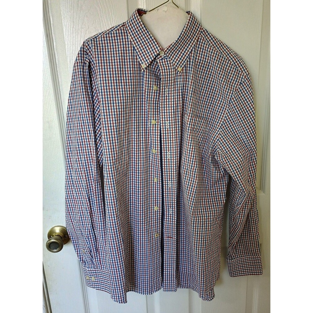 Izod Plaid Check Long Sleeve Button Shirt Mens Medium Cotton Pocket Red Blue Whi